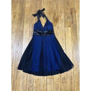 Y2K Taboo Blue Black‎ Halter Pleated Fit Flare Dress Midi Party Formal